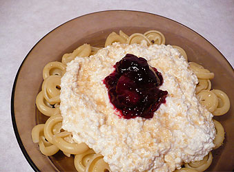 Pasta with Polish sweet curd cheese and cherry jam