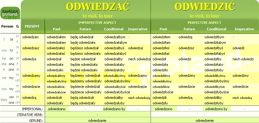 Full conjugation of ODWIEDZIC / ODWIEDZAC verb