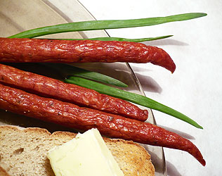 Thin, dry, smoked Polish sausage called kabanos