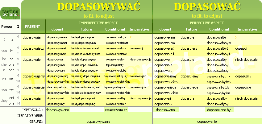 Full conjugation of DOPASOWAC / DOPASOWYWAC verb