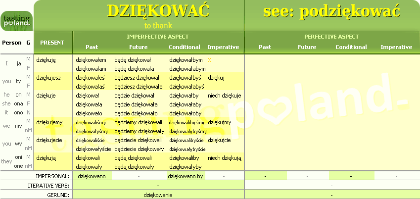 Full conjugation of DZIEKOWAC verb