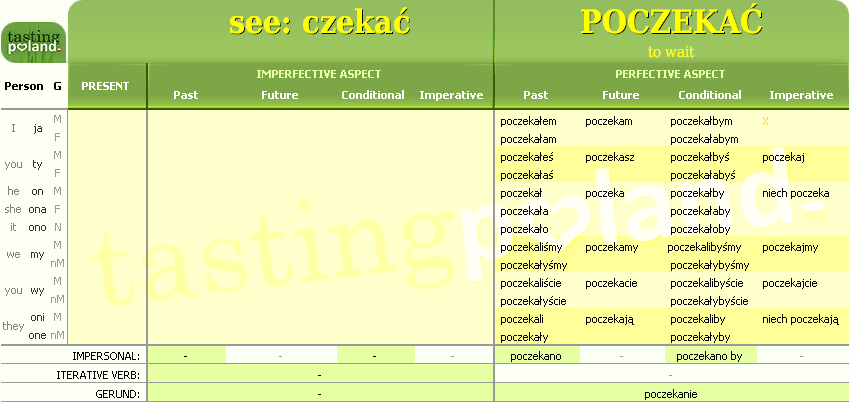 Full conjugation of POCZEKAC verb