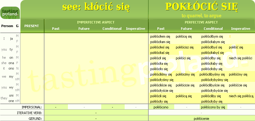 Full conjugation of POKLOCIC SIE verb