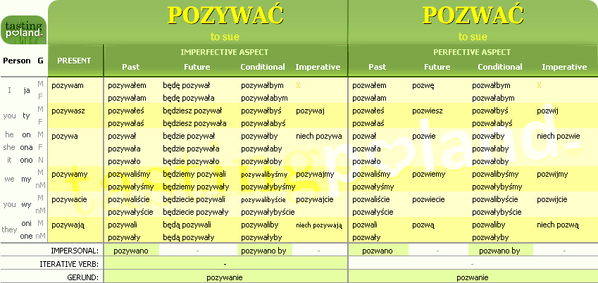 Full conjugation of POZWAC / POZYWAC verb