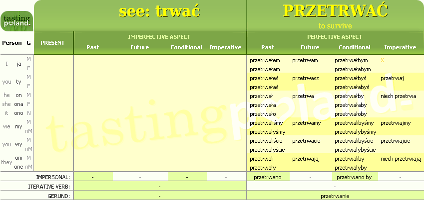 Full conjugation of PRZETRWAC verb