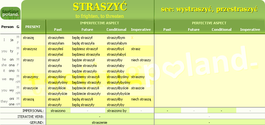 Full conjugation of STRASZYC verb