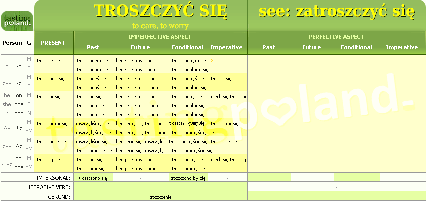 Full conjugation of TROSZCZYC SIE verb