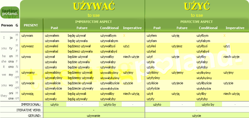 Full conjugation of UZYC / UZYWAC verb