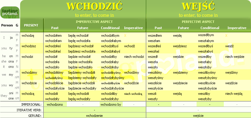Full conjugation of WEJSC / WCHODZIC verb