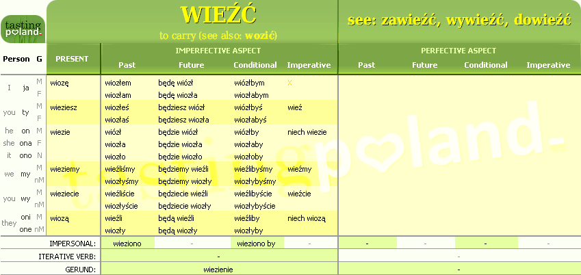 Full conjugation of WIEZC / WOZIC verb